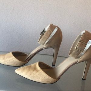 Ankle strap heels; 3.5” heel height; suede & leather.